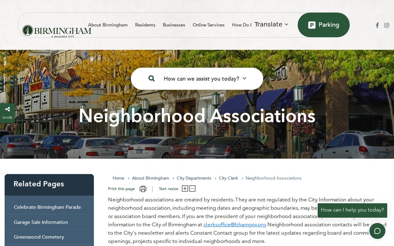 Birmingham neighbors association contact route on the City neighborhood associations page